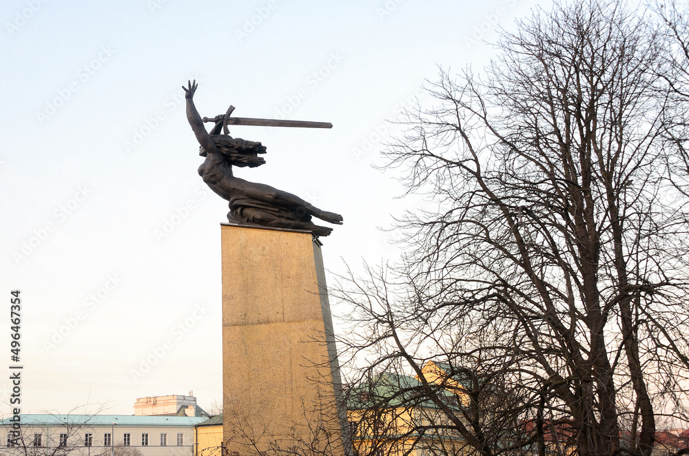 Monument to the Heroes of Warsaw, known as Warsaw Nike, commemorates all died in the city from 1939 to 1945 , statue weights 10 tons, it shows a woman rising up with a sword, Warsaw, Poland, Europe