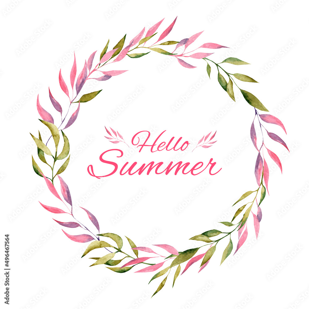 Obraz premium Round frame with pink and green branches on a white background. Cute, bright wreath, summer poster.