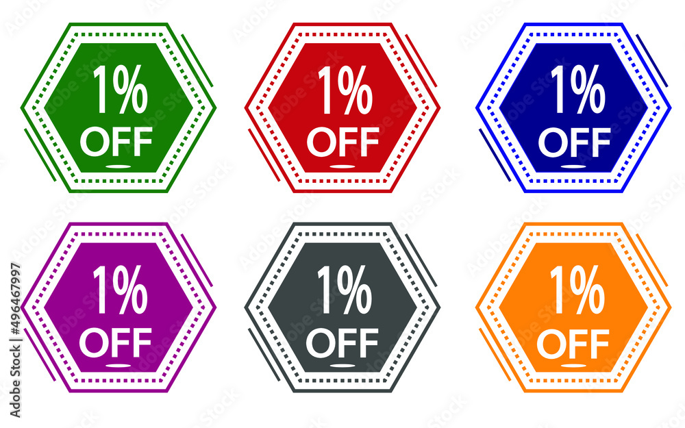 1% discount on colored label. special offer icon for stores green, red, blue, pink, gray and orange.