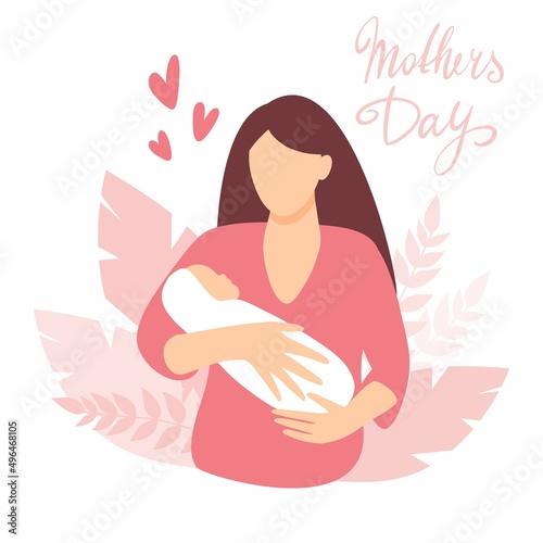 Vector illustration of a young woman with a newborn baby in her arms