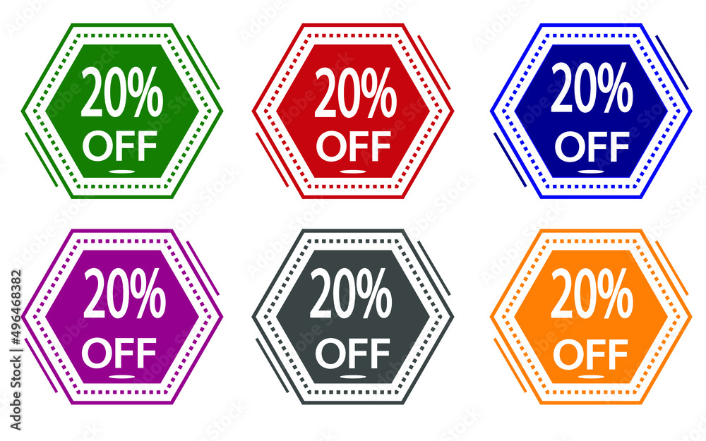 20% discount on colored label. special offer icon for stores green, red, blue, pink, gray and orange.