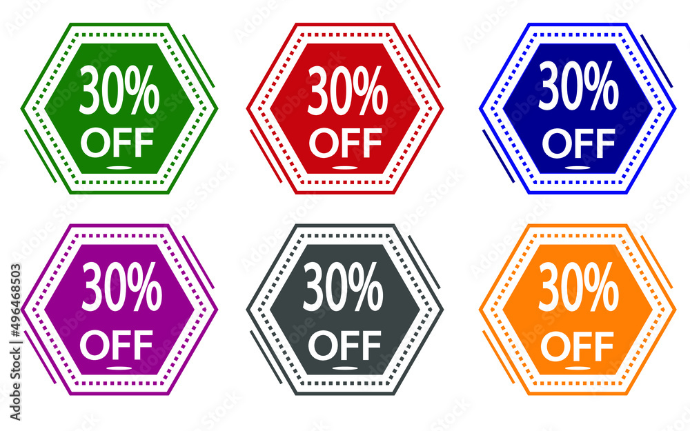 30% discount on colored label. special offer icon for stores green, red, blue, pink, gray and orange. 30% discount on colored label. special offer icon for stores green, red, blue, pink, gray and orange.