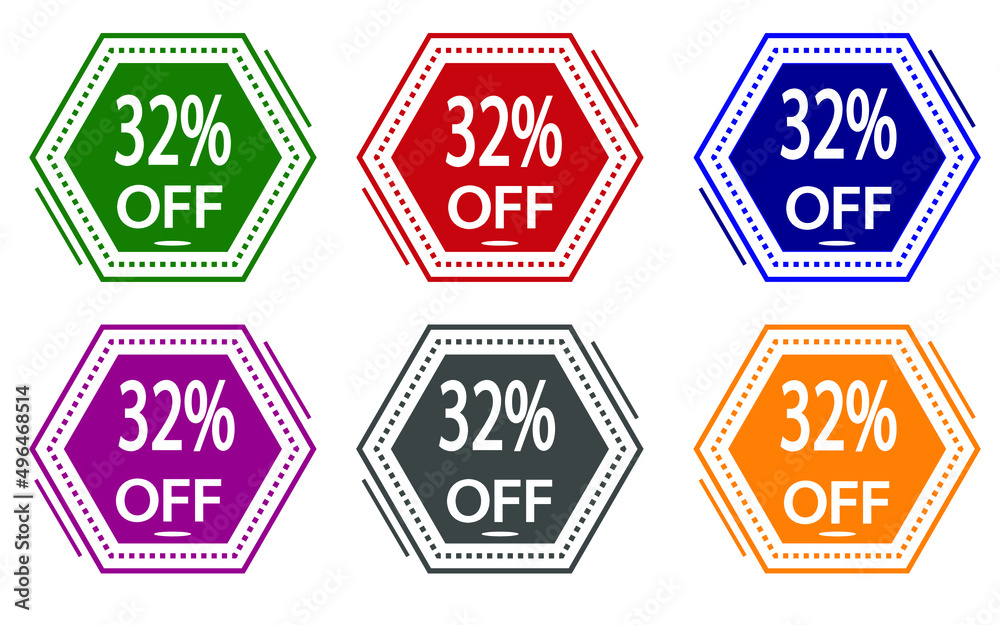 32% discount on colored label. special offer icon for stores green, red, blue, pink, gray and orange.