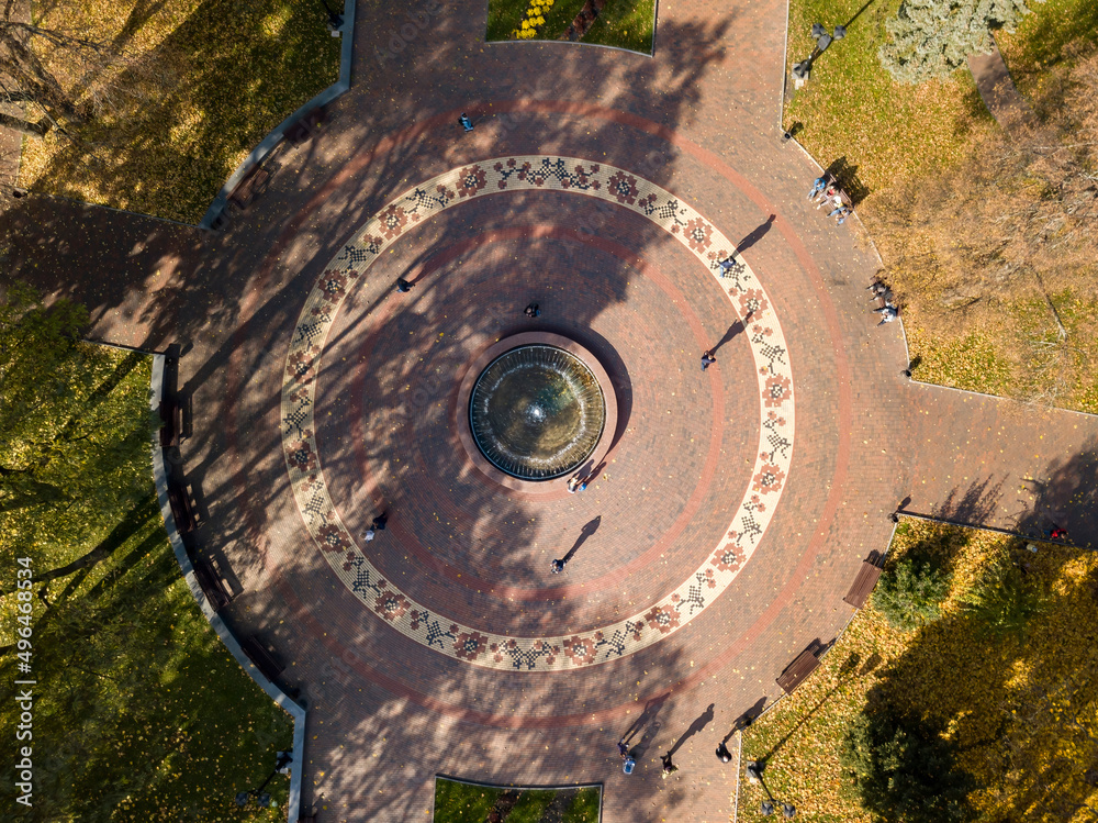 Fountain in Chernigov. Aerial drone view.