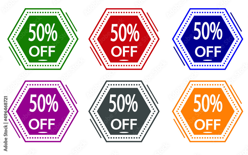 50% discount on colored label. special offer icon for stores green, red, blue, pink, gray and orange.