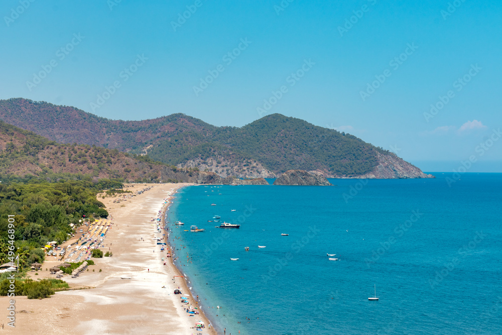 Historic ancient city, the sea and beach of Olympos (Olimpos). a part of Lycian way. Beach view from above and Mediterranean sea. Kemer, Antalya, Turkey
