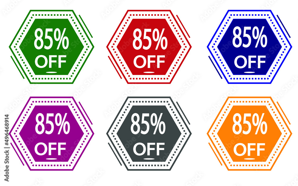85% discount on colored label. special offer icon for stores green, red, blue, pink, gray and orange.