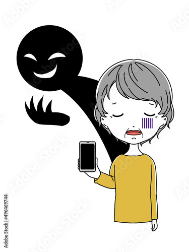 スマホを持った詐欺などの被害にあった高齢女性のイメージのイラスト