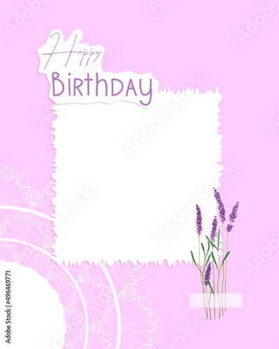 Happy Birthday collage pink postcard vintage style  lavender and lace doily  scrapbooking  for congratulations  place to insert. Vector illustration