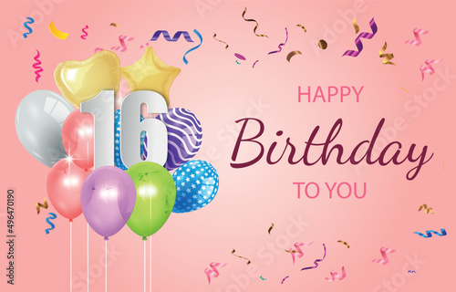 Happy 16th birthday balloons greeting card background vector. Happy birthday background with balloons, Happy birthday vector illustration