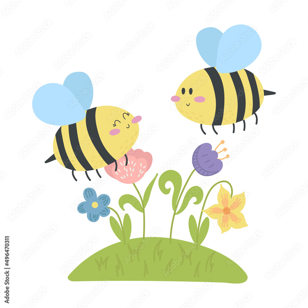 Vector illustration of a cartoon bee among flowers