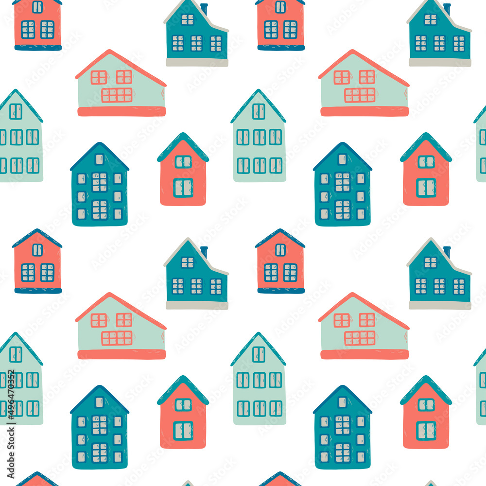 Vector seamless pattern with small cartoon houses on white background. Cute illustration for wallpaper, wrapping paper, background, fabric, textile.