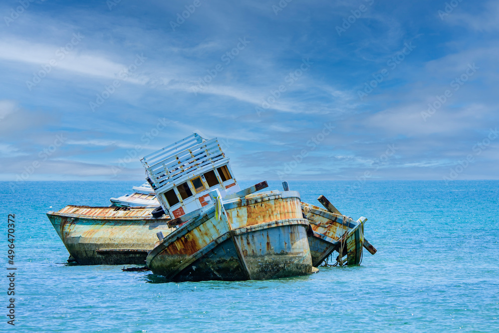 Beautiful view of old shipwreck in the middle of Chonburi sea with sky and background. Tropical, outdoor concept, Landmark, Chonburi, Thailand Location.