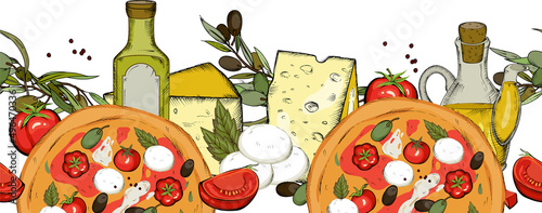 Seamless border or frame background with pizza and products of Italian food, hand drawn vector illustration isolated on white. Endless repeatable border frame for italian cuisine.