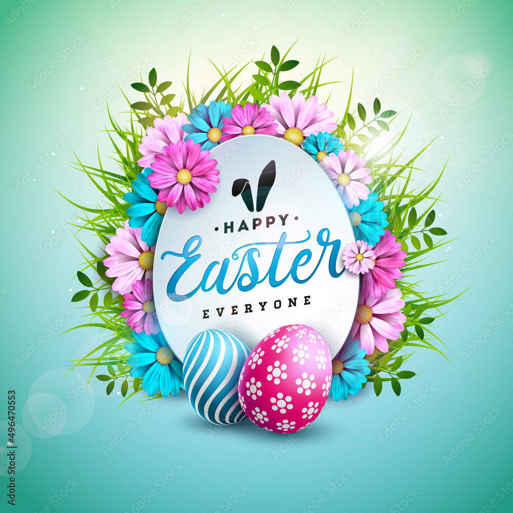 Happy Easter Illustration with Colorful Painted Egg and Spring