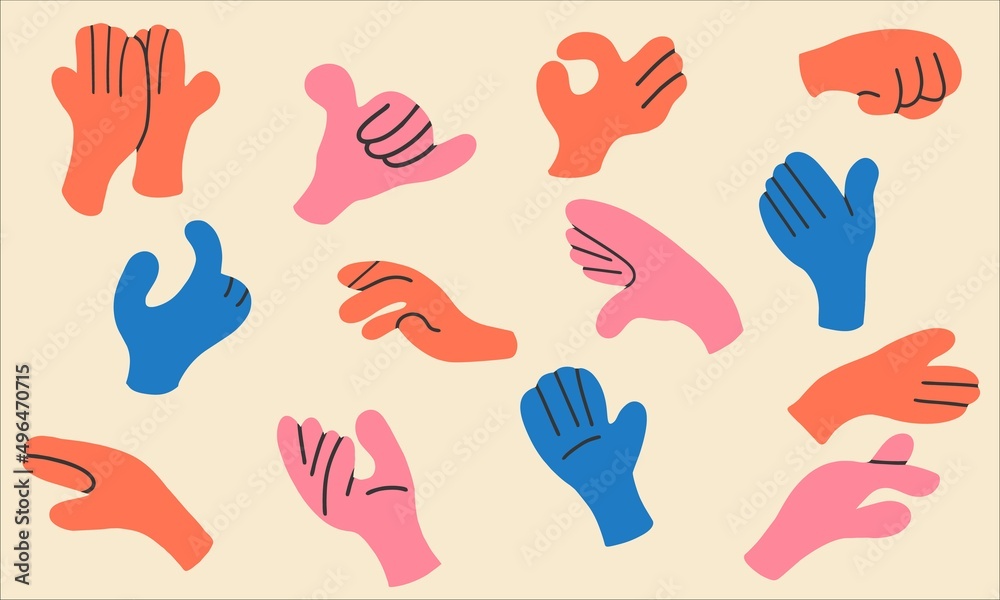 Big set of cartoon hands showing different gestures. Flat design, cartoon, vector illustration. All elements are isolated.