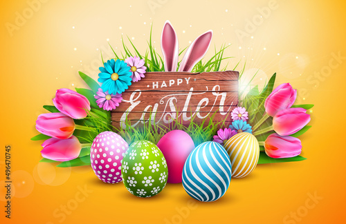 Vector Happy Easter Holiday Illustration withPainted Egg, Tulip and Spring Flower on Yellow Background. Easter Day Holiday Design for Flyer, Greeting Card, Banner, Poster or Party Invitation.
