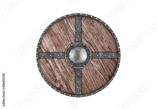 Old wooden round shield isolated on white background