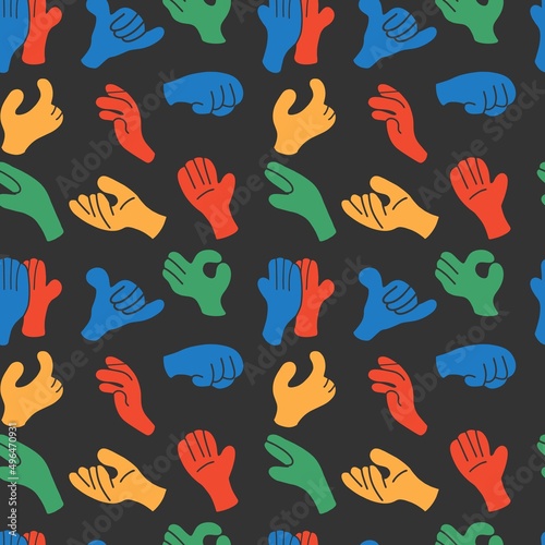 Seamless pattern of cartoon hands showing different gestures. Flat design, cartoon, vector illustration. All elements are isolated.