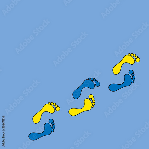 Bare feet silhouette footprints. The color of the Ukrainian flag is blue and yellow. A man has just passed, leaving Ukrainian traces
