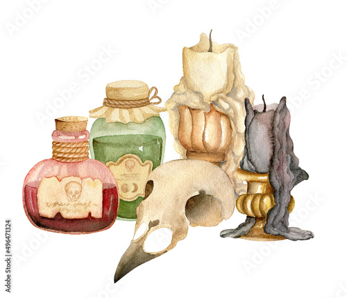 Vintage composition with watercolor skull, candles, scroll