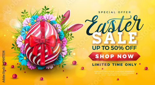 Easter Sale Illustration with Painted Egg, Red Bow and Spring Flower on Shiny Yellow Background.. Vector Easter Holiday Design Template for Coupon, Banner, Voucher or Promotional Poster.