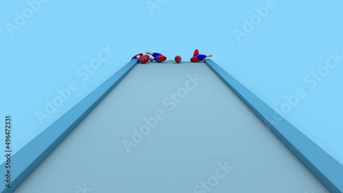 3d animation of bowling games. A ball with the texture of the flag of Ukraine knocks down pins with the flag of Russia. The idea of a military conflict between Ukraine and Russia.