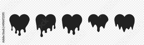 Paint dripping heart set. Dripping ink. Melted heart. Black liquid drops. Melting paint. Vector EPS 10