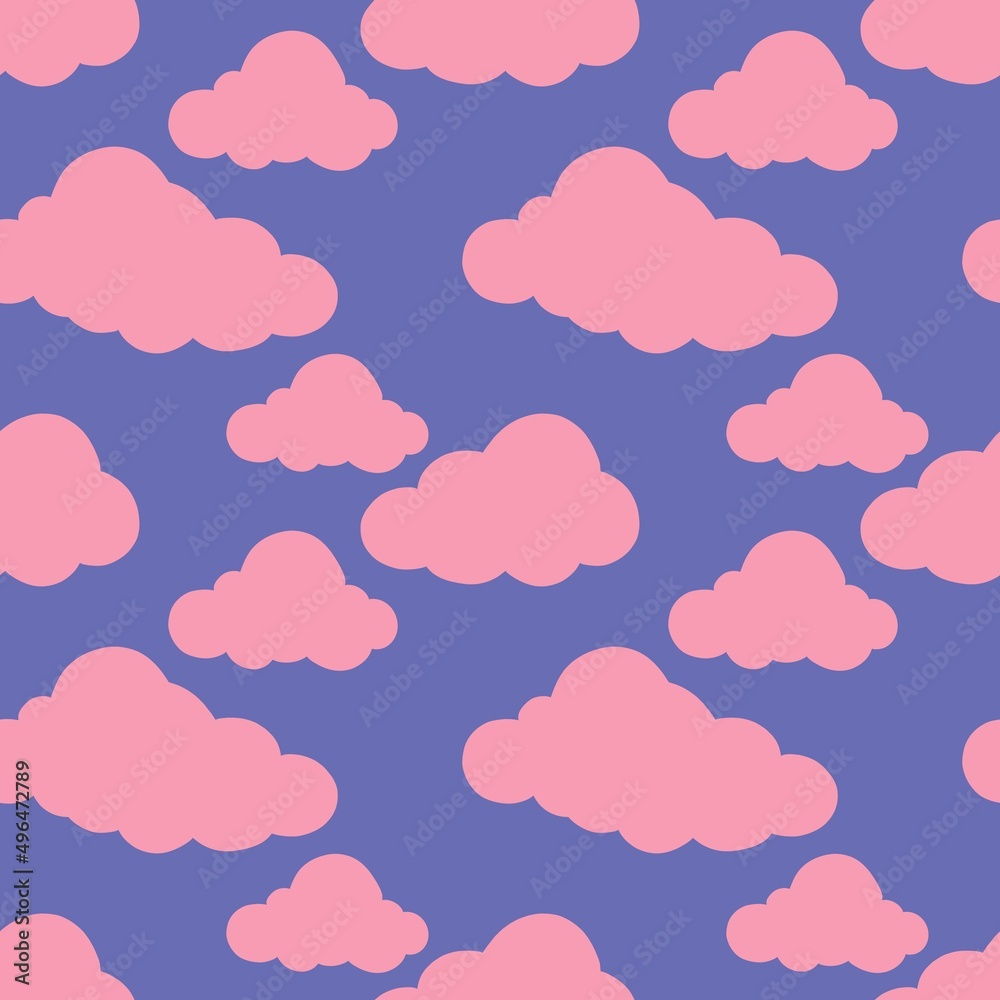 Pink clouds on the blue sky. Bessy pattern. Flat design, cartoon, vector illustration. All elements are isolated.