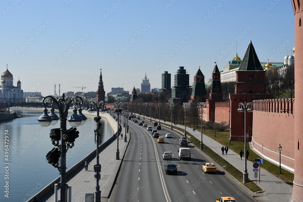 Fototapeta premium Panoramic view of the Kremlin wall and the Kremlin embankment. 03.24. 2022 Moscow, Russia.