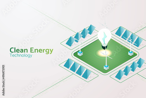 Generating electricity with solar panels Solar energy and wind turbines.
