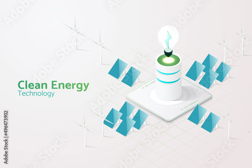 Generating electricity with solar panels Solar energy and wind turbines.