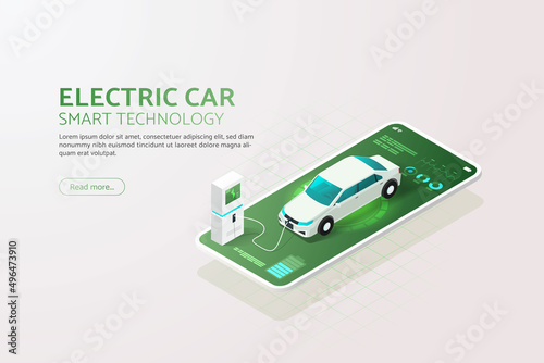 EV car Charge the battery at charging station via mobile application.
