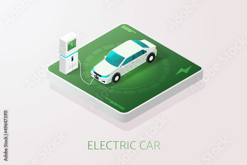 EV car technology or electric car Charge the battery at the charging station.