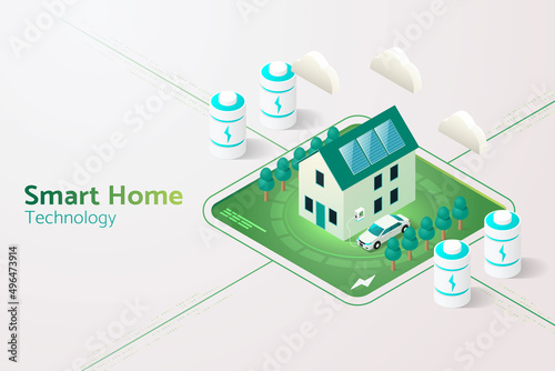 Smart home with solar panels on roof and electric vehicle charging boxes.