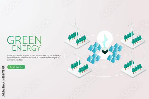 Generating electricity with solar panels Solar energy and wind turbines.