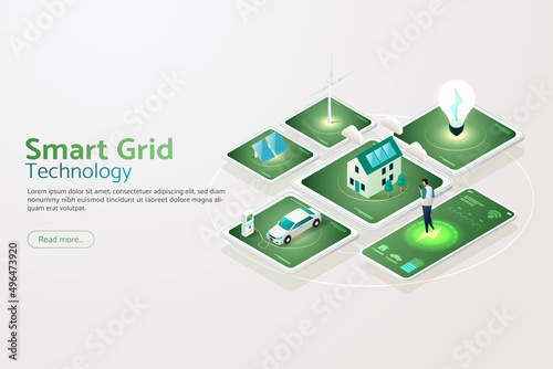 Smart grid technology Eco-friendly, electric car charger Wind turbines and solar panels Connecting via smartphone.