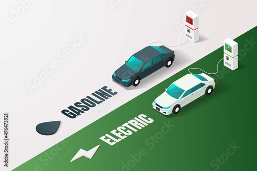 Obraz na plátně Electric vehicle charging station vs gasoline car service station