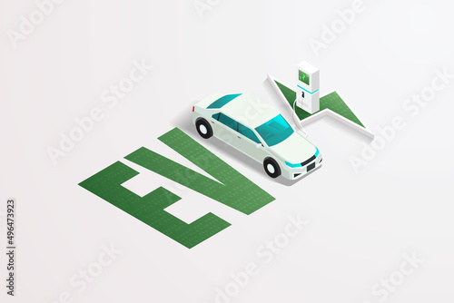 EV car technology or electric car Charge the battery at the charging station.