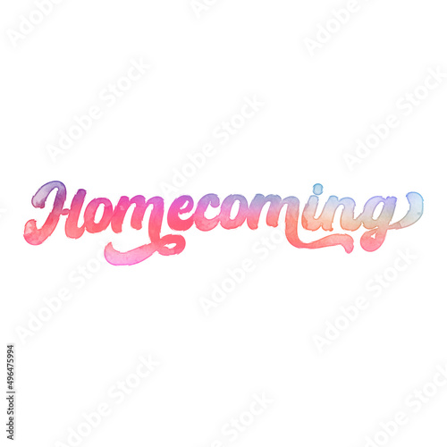 Text ‘Homecoming’ written in hand-lettered watercolor script font. photo