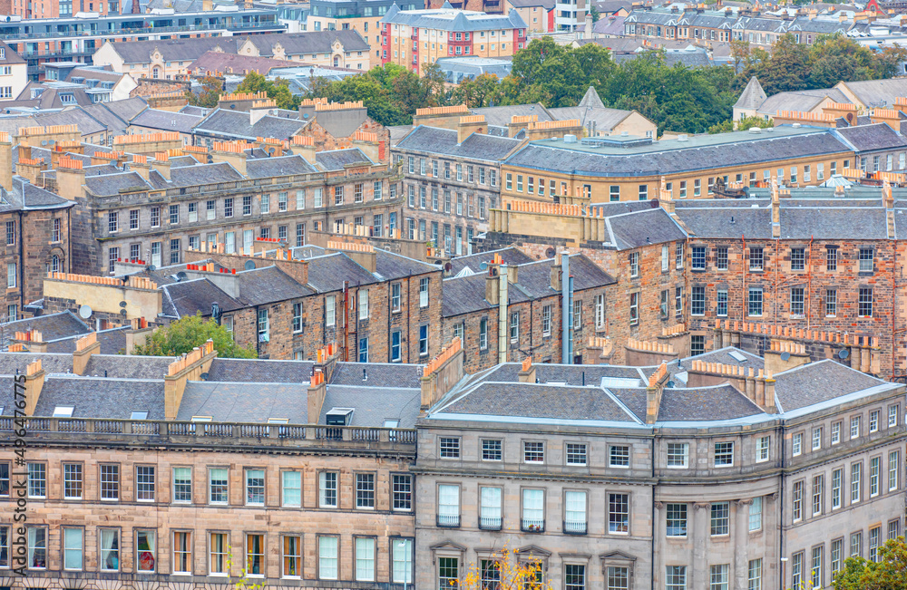 Street view of typical residential buildings in Edinburgh - Aerial view of Houses Edinburgh in Scotland, UK