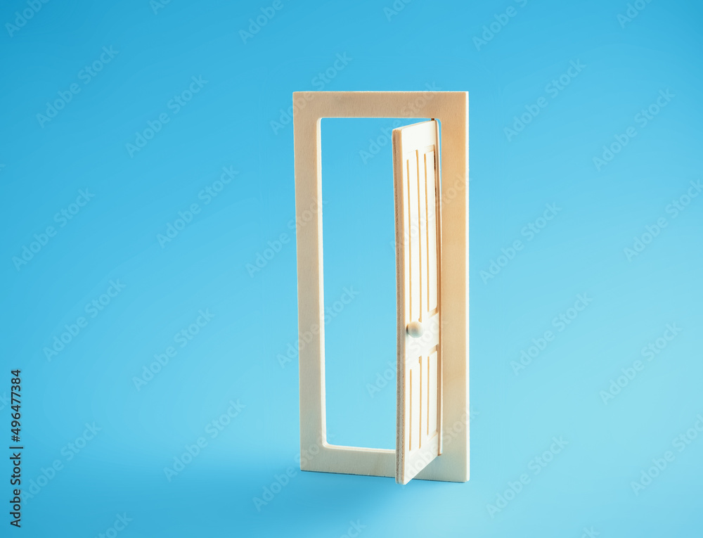 Open door on blue background. Modern minimal art poster.