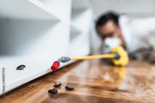 Exterminator in work wear spraying pesticide with sprayer. Selective focus.