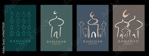 Set of vector illustration Ramadan Kareem with symbol of mosque. Islamic greeting card template with ramadan for wallpaper design, poster, media banner. 