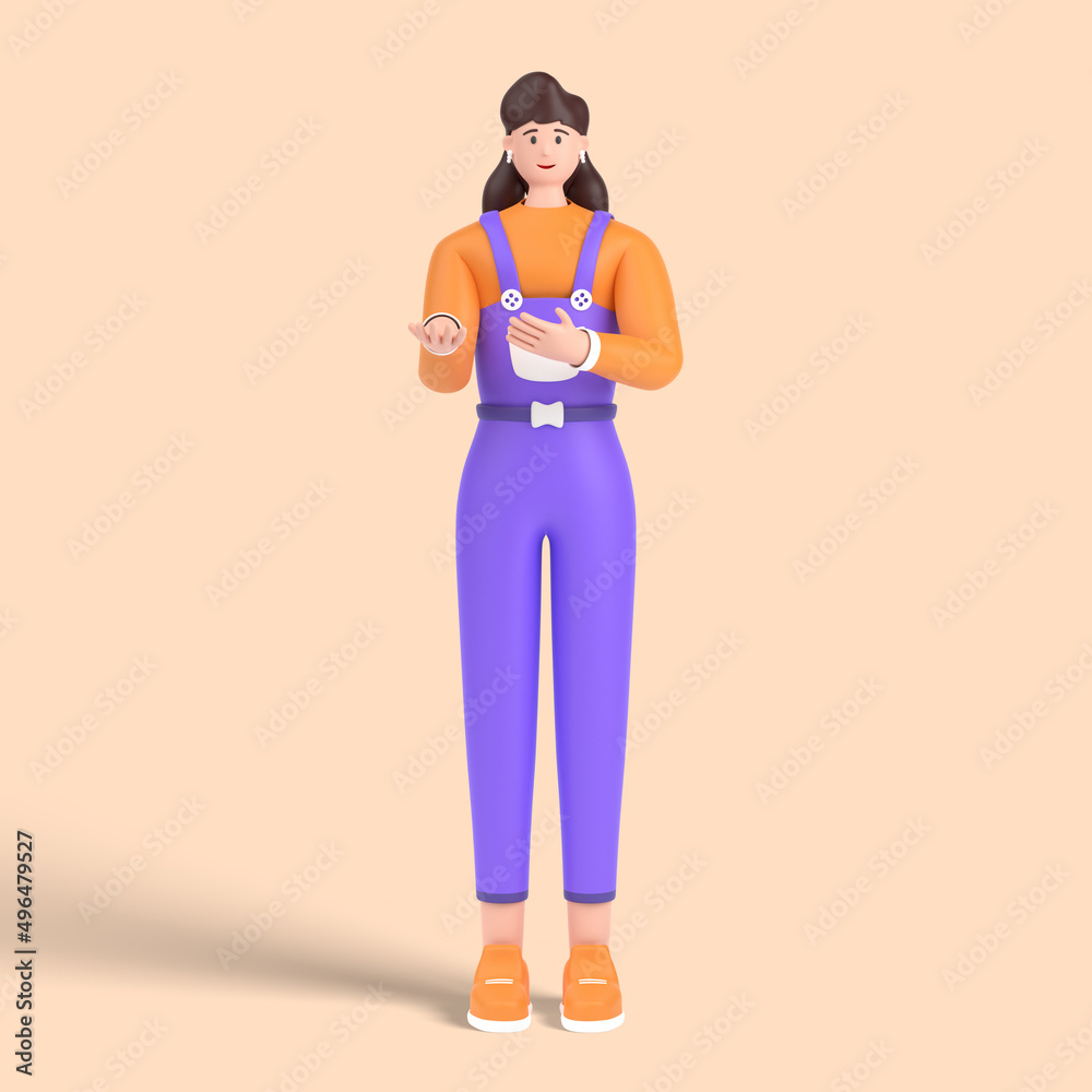 3d female character pointing away hands together and showing or presenting something while standing and smiling.