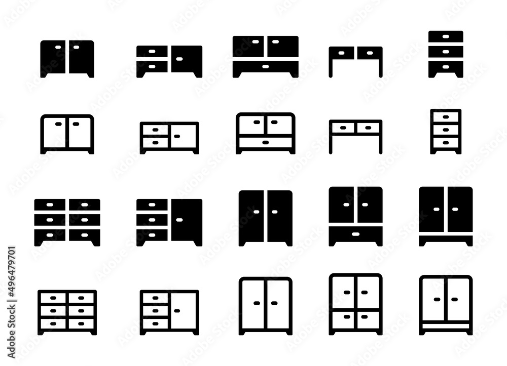 Furniture icon set. Containing cupboard, wardrobe, drawer and cabinet icon isolated on white background. Furniture icon set. Containing cupboard, wardrobe, drawer and cabinet icon isolated on white background.