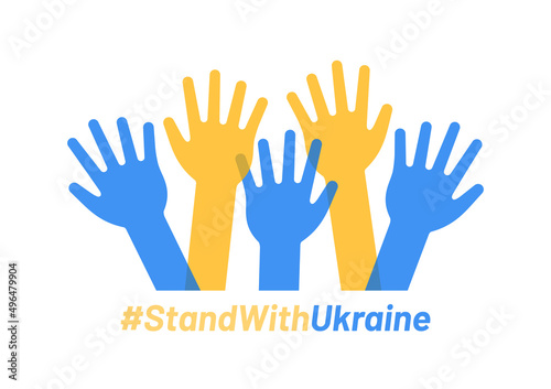 We stand with Ukraine text banner. Raised hand symbol of peace vector illustration. © Icons-Studio