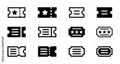 Ticket icon collection in black and white design.