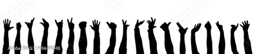 Cheering raised hands of people, silhouettes. Vector illustration