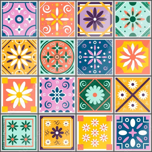 Mediterranean colorul bright seamless pattern Portuguese vector Azulejo tile.